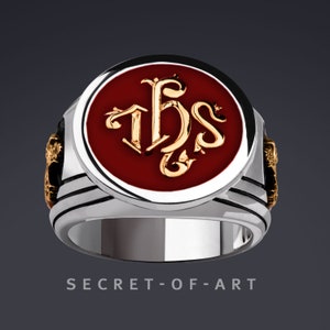 IHS Ring Jesus Religious 925 Silver God Messiah Deacon Bishop cross Catholic jewelry God In hoc Signo Vinces Knights Templar 18K-Gold-Plated