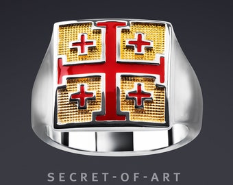 Jeruzalem Kruis Ring Jeruzalem Kruis Zegelring Katholieke Evangelische Kruisvaarders Kruisring 925 Sterling Zilveren Ring 750 Geelgoud Plating