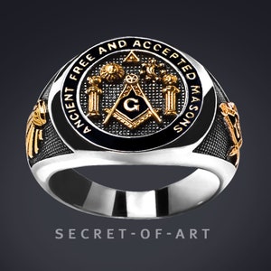 Masonic Ring AF AM Silver 925 Freemason Mason Masonry jewelry gift 24K-Gold-Plated Pillars Ancient Free and Accepted Masons black enamel