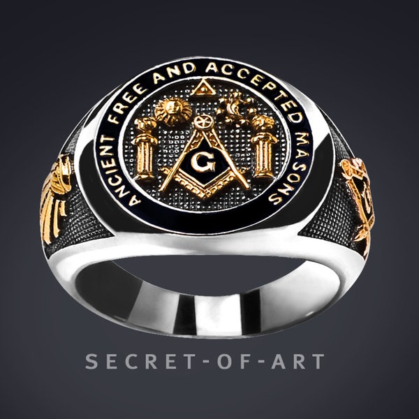 Freimaurer Ring Masonic A.F.A.M. Ancient free and accepted Masons Silber 925 Ring mit Geldgolb-Plattierung, Master Mason, schwarz emailliert