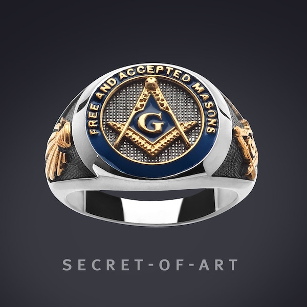 Masonic Ring Signet Rin  F & AM Freemason Silver 925 Sterling 24K-Gold-Plated, Free and accepted Masons Masonry gift jewelry Master Mason