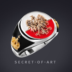 Anillo de sello de Polonia, joyería de regalo, plata 925, águila y corona polacas con baño de oro amarillo 750