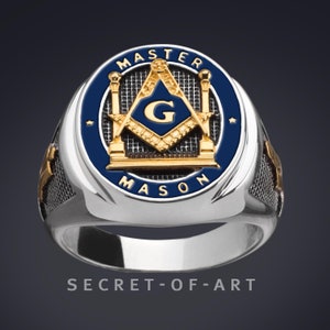 Masonic Ring Signet Ring Master Mason Freemason Mason Masonry Blue Lodge jewelry Pillars Silver 925 Silver 24K-Gold-Plated, blue enamel