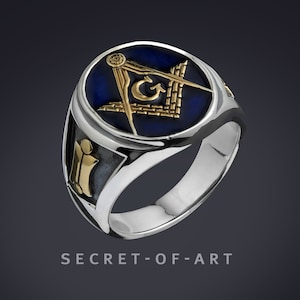 Masonic Ring Blue Lodge Master Mason ring Freemason signet ring jewelry ring Freemasonry 925 Sterling Silver Ring with 18K Gold-Plated Parts