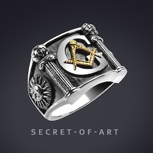 Masonic Big G and Pillars Silver 925 Sterling Ring with 18K-Gold-Plated Parts, sun and moon