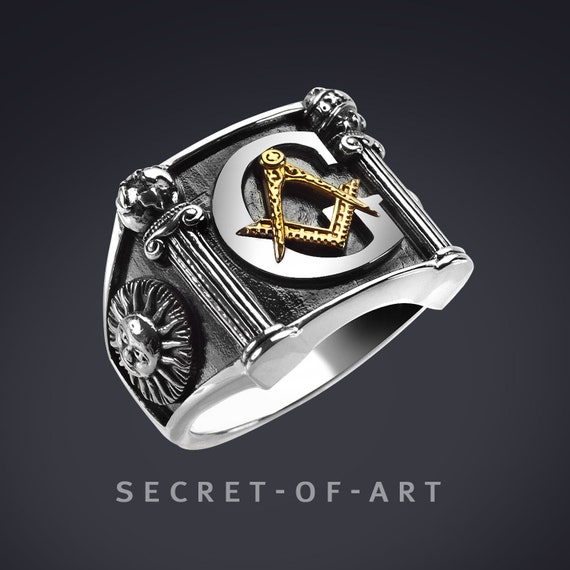 Freimaurer Ring Siegelring Masonic Master Mason Loge Ring Logenring Big G and Pillars Silber 925 Ring mit Gelbgold Plattierung, Sonne Mond Freimaurer Ring Siegelring Masonic Master Mason Loge Ring Logenring Big G and Pillars Silber 925 Ring mit Gelbgold Plattierung, Sonne Mond