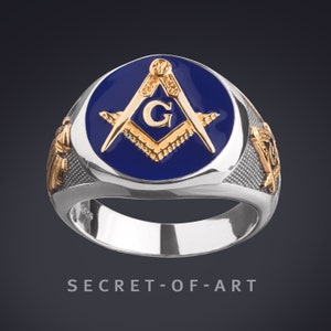 Masonic Ring Blue Lodge Signet Ring Master Mason Freemason jewelry gift Freemasonry 925 Silver with 18K-Gold-Plated Parts and All Seeing Eye