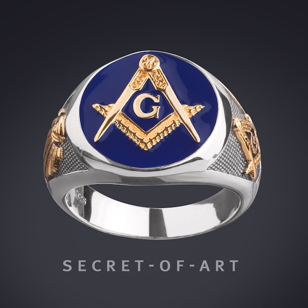 Masonic Ring Blue Lodge Signet Ring Master Mason Freemason jewelry gift Freemasonry 925 Silver with 24K-Gold-Plated Parts and All Seeing Eye