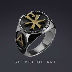 Chi Rho Ring Chi-Rho signet ring Jesus Alpha Omega bishop Religious Catholic Crucifixion Jewelry Silver 925 ring 18K-Gold-Plated Jesus