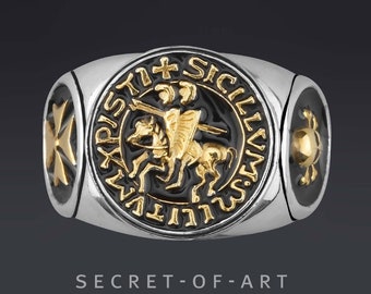 Knights Templar Ring Knight jewelry gift Crusader Masonic Master Mason Signet ring Masonry Sterling Silver 925 18K-Gold-Plated Parts