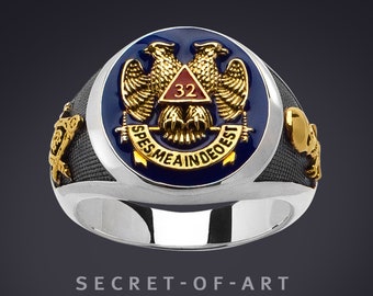 Masonic Ring AASR Signet Ring Ancient accepted Scottish Rite 32 Degree Master Freemason Eagle jewelry Master Mason 925 Silver 24K-GoldPlated