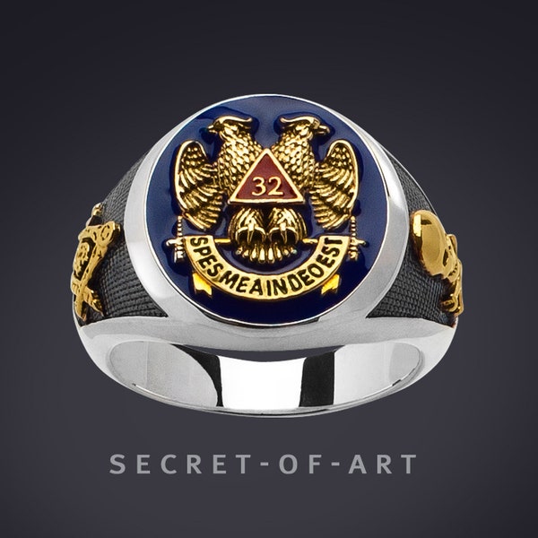 Masonic Ring AASR Signet Ring Ancient accepted Scottish Rite 32 Degree Master Freemason Eagle jewelry Master Mason 925 Silver 24K-GoldPlated