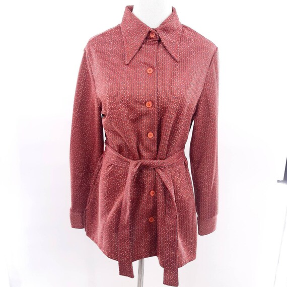 Vintage polyester print button down tie waist 1970