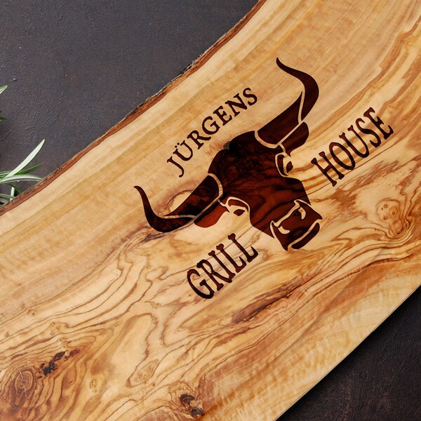 Olive wood carving board with engraving GRILL HOUSE - personalized serving cutting board with juice groove meat bull BBQ grill gift man