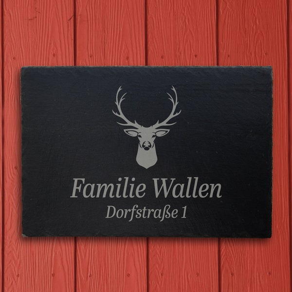 Namensschild Schiefer (L30xB20) mit Gravur HIRSCH personalisiert – Haustür Türschild Schiefer Natur Familie Namen Adresse Geschenk