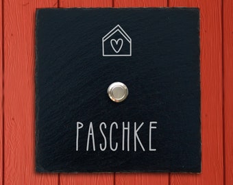 Klingelschild Schiefer (15x15cm) Haustür mit Gravur "PASCHKE" personalisiert – Tür Name Nummer Taster Eingang Familie Wand modern Haus LED