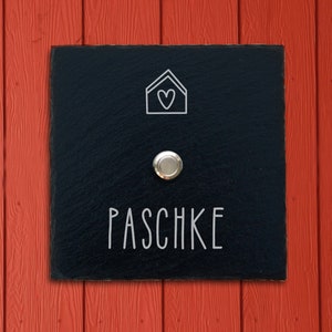 Doorbell sign slate (15 x 15 cm) front door with engraving "PASCHKE" personalized - door name number button entrance family wall modern house LED