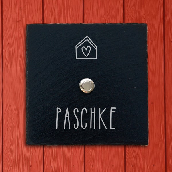 Klingelschild Schiefer (15x15cm) Haustür mit Gravur "PASCHKE" personalisiert – Tür Name Nummer Taster Eingang Familie Wand modern Haus LED