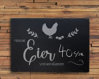 Dekoschild Schiefer (L30xB20) für den Verkauf "FRISCHE EIER" personalisiert – von glücklichen Hühnern Hofladen Verkauf Huhn Preisschild