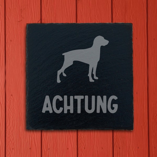 Türschild Schiefer (10x10cm) mit Gravur ACHTUNG + Hund oder Katze – Vorsicht Schild vor Haustieren Hinweis Willkommen Besucher Tür Wand