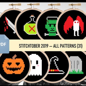 Stitchtober ALLE Kreuzstichmuster / Halloween kryptische Monster Kreatur gruselig böse einfach kleiner Geist Kürbis Hexe Tod Frankenstein