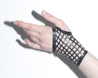 Latex Rubber Fishnet Wrist Length Fingerless Gauntlets Gloves Custom made