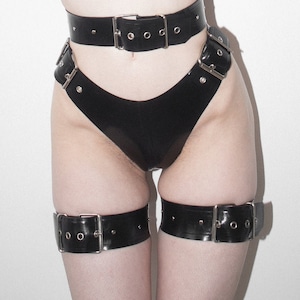 Custom Made Heavy Rubber thigh garters/harness with rivets, Black Vegan Leather garter set with silver hardware