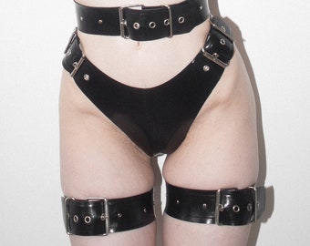 Custom Made Heavy Rubber thigh garters/harness with rivets, Black Vegan Leather garter set with silver hardware