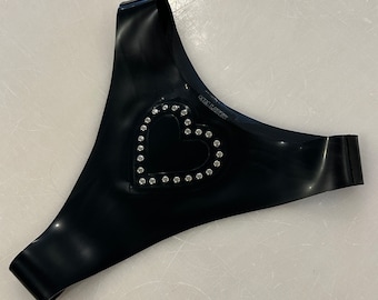 Latex Rubber High Leg Heart Studded Thong