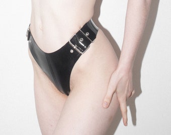 Latex Rubber heavyweight thong with hardware buckle detail custom made