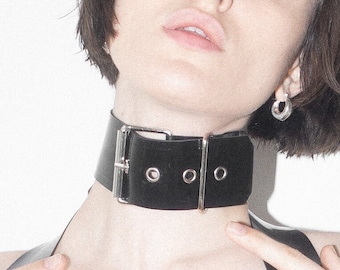 Oversized buckle rubber collar, Black Vegan Leather choker with silver gold hardware