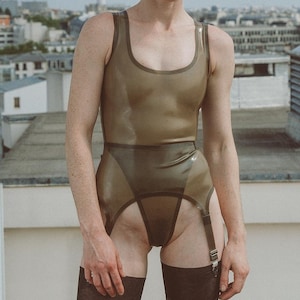 Custom made Latex Rubber high leg body suit and garter belt set
