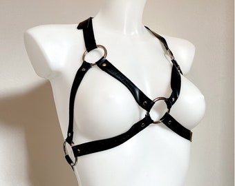 Latex Rubber Cage bra / bondage harness with silver hardware