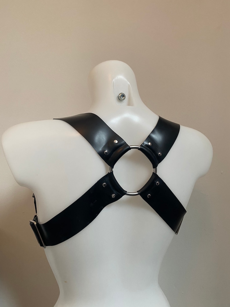 Latex Rubber bondage underbust harness bra with silver or gold hardware image 3