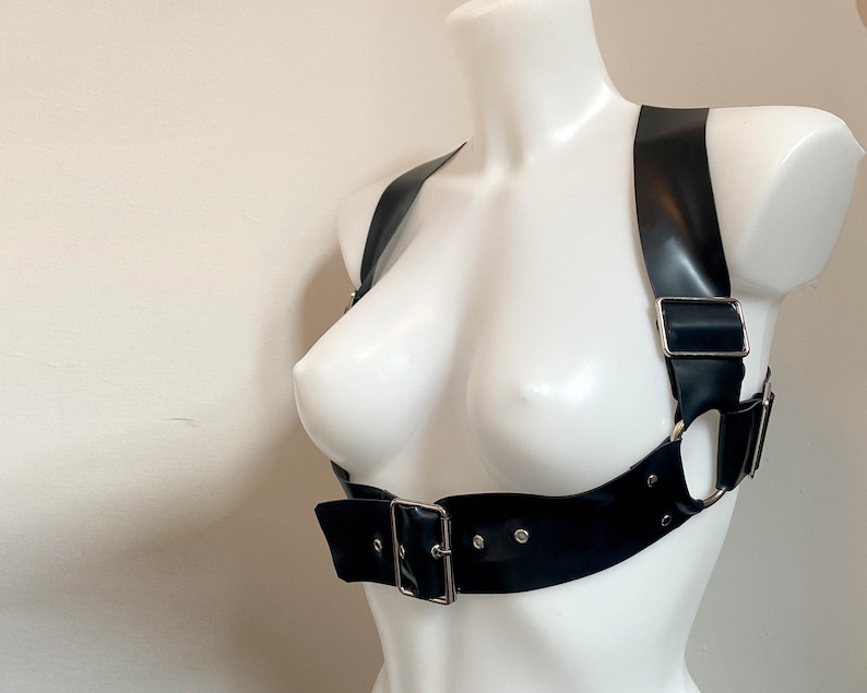 Latex Rubber bondage underbust harness bra with silver or gold hardware image 1