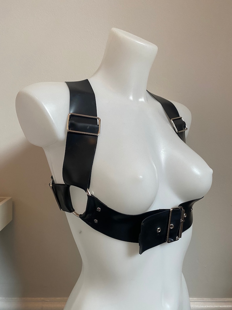 Latex Rubber bondage underbust harness bra with silver or gold hardware image 2