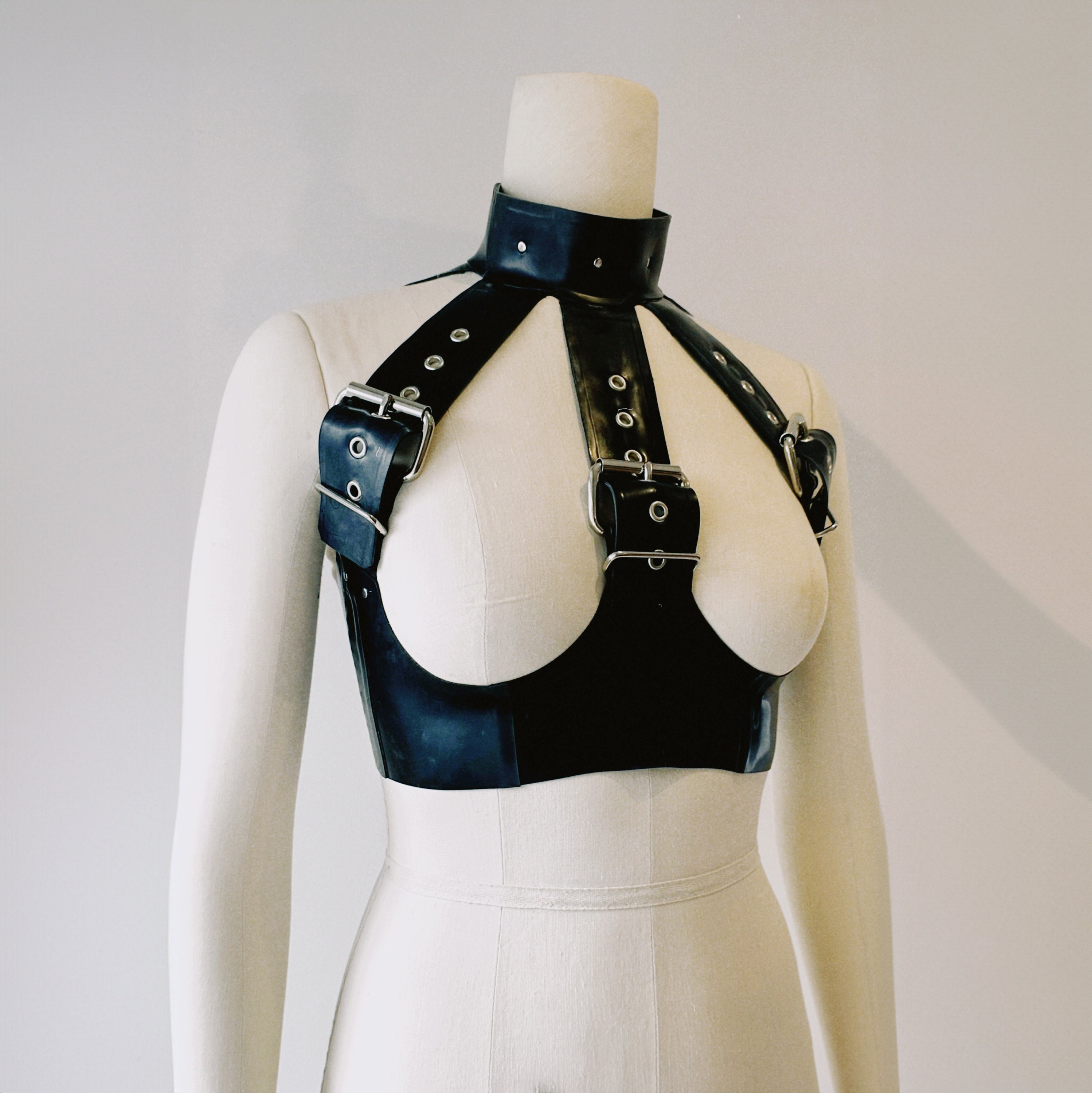 Latex Rubber bondage underbust harness bra/basque with silver hardware
