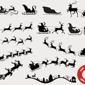 Pakiet Santa Sleigh SVG, sanie SVG, świąteczne sanie SVG, Santa SVG, renifer SVG, Boże Narodzenie SVG, pliki do Cricut, sylwetka