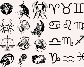 May include: A collection of black zodiac symbols and illustrations on a light pink background. The image includes detailed depictions of Aries, Taurus, Gemini, Cancer, Leo, Virgo, Libra, Scorpio, Sagittarius, Capricorn, Aquarius, and Pisces.
