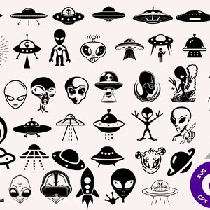 May include: A set of 45 black and white vector illustrations of aliens and UFOs. The illustrations include various alien designs, including classic grey aliens, big-eyed aliens, and aliens with antennas. The UFOs are depicted in various shapes and sizes, including classic flying saucers, triangular UFOs, and disc-shaped UFOs.