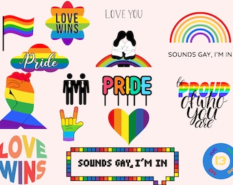 May include: A collection of rainbow-themed digital designs featuring phrases such as "Love Wins", "Pride", and "Sounds Gay, I'm In". The designs also include a rainbow heart, a rainbow cloud, and a rainbow flag.