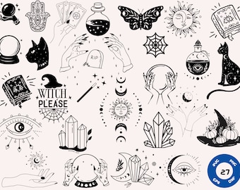 魔女 Svg、バンドル魔術 Svg、魔法 Svg、天体 Svg、月 Svg、神秘的 Svg、ウィッカ Svg、ゴシック SVG、魔女 SVG、Svg ファイル