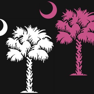 May include: A white palm tree with a crescent moon on a black background. A pink palm tree with a crescent moon on a black background.