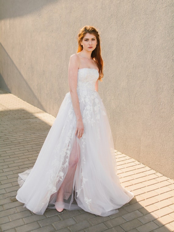 SAMPLE SALE Strapless Wedding Gown With Floral Lace Appliques GARDENIA 