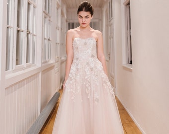 SAMPLE SALE!!! Non-traditional wedding dress with detachable court-train skirt and long embroidered tulle cape