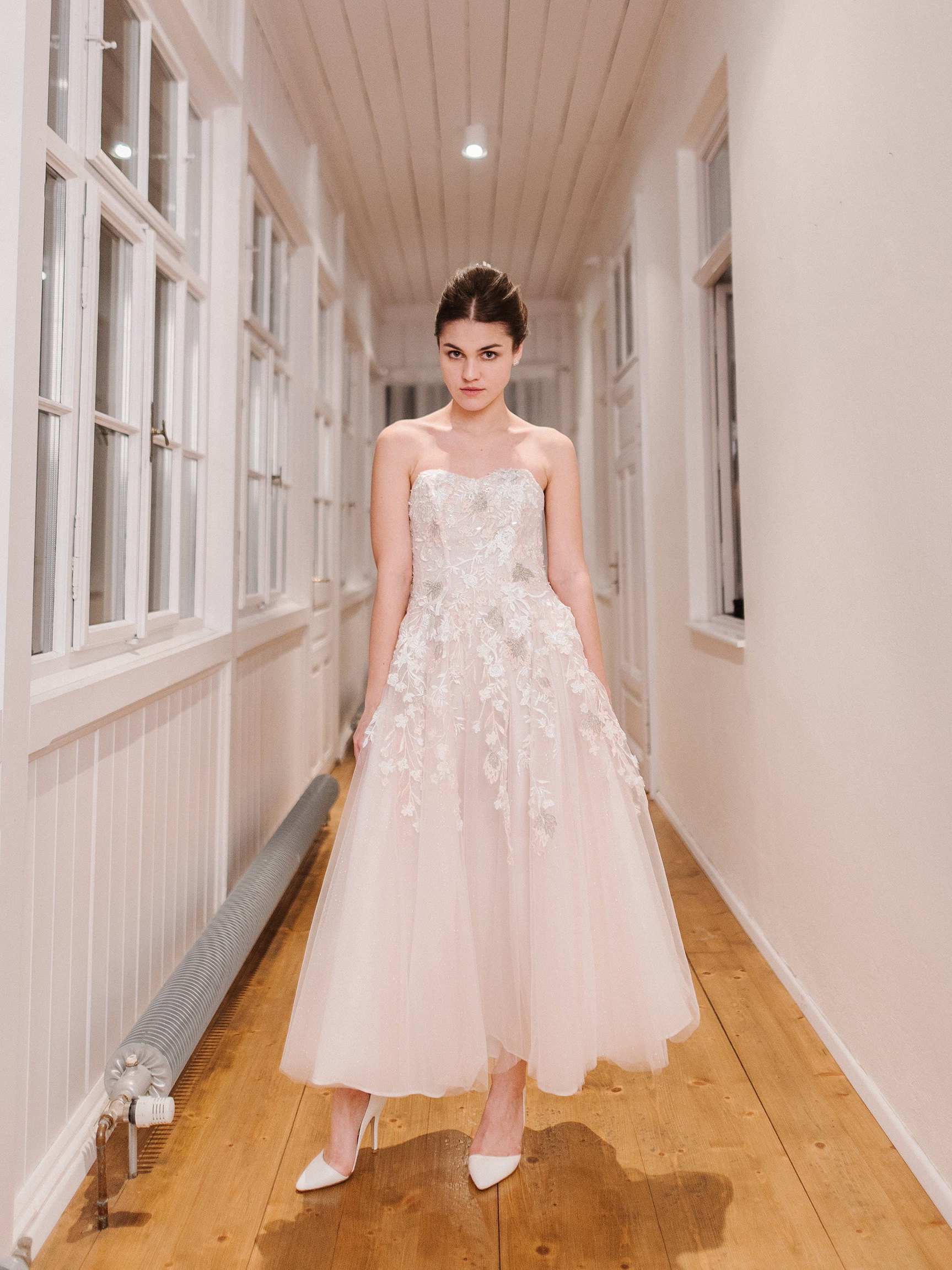 SAMPLE SALE Non-traditional Wedding Dress With Detachable Court-train Skirt  and Long Embroidered Tulle Cape 