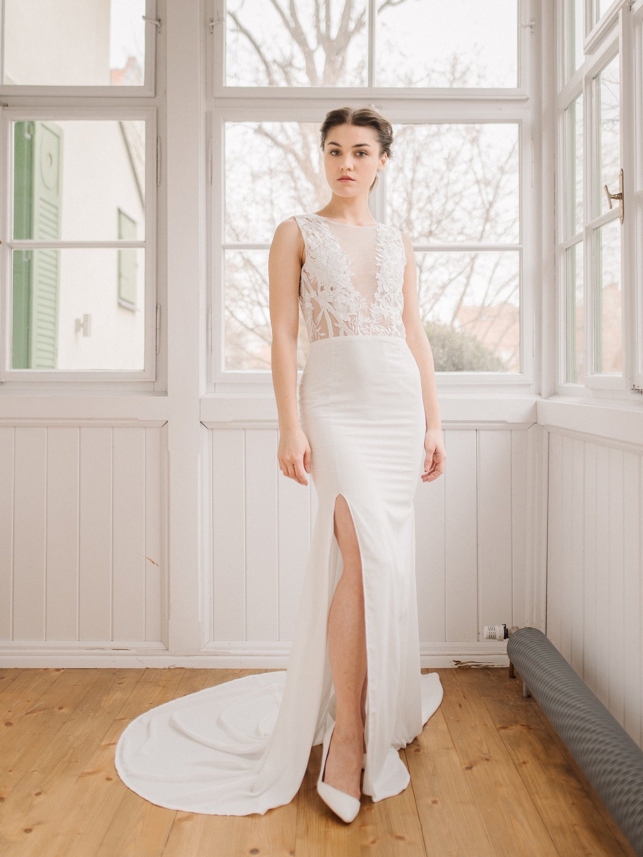 Mermaid Wedding Dress Side Slit Skirt And Deep V Neckline Etsy