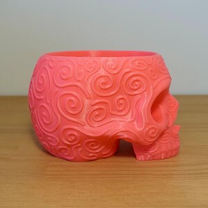 May include: A coral-colored skull-shaped planter with a detailed, swirling pattern. The decorative planter is made of a solid material and sits on a wooden surface. The skull has an open top for planting.