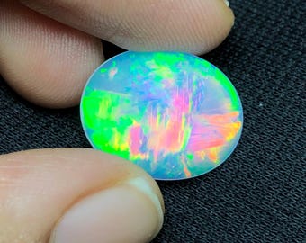 6.36 Ct Ethiopian Blue Fire Opal Oval Cabochon – Large AAA Opal Stone for Pendant, Necklace & October Birthstone Gift