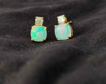 Natural Gold Plated Silver 925 Opal Earrings, Ethiopian Welo Small Opal Studs, fire opal stud earrings, Cushion Opal Stone Earrings Jewelry